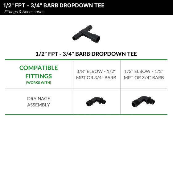1/2" FPT - 3/4" Barb Dropdown Tee - The Bucket Company